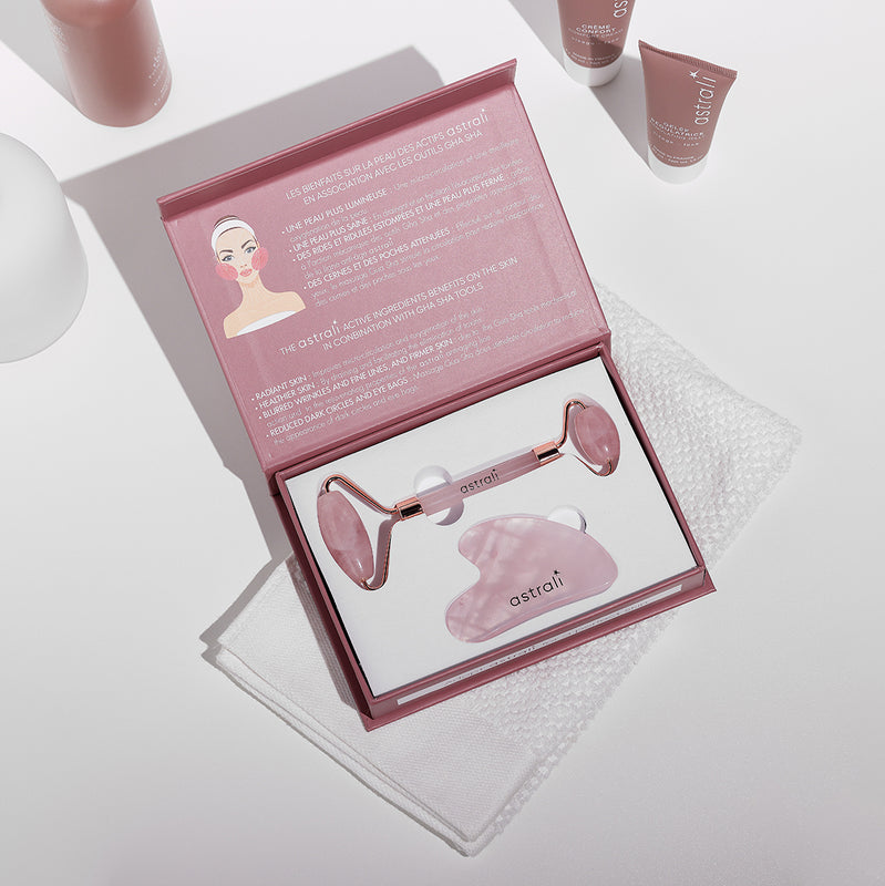Astrali Roll-on ir Gua Sha rinkinys – nefrito veido masažo priemonės